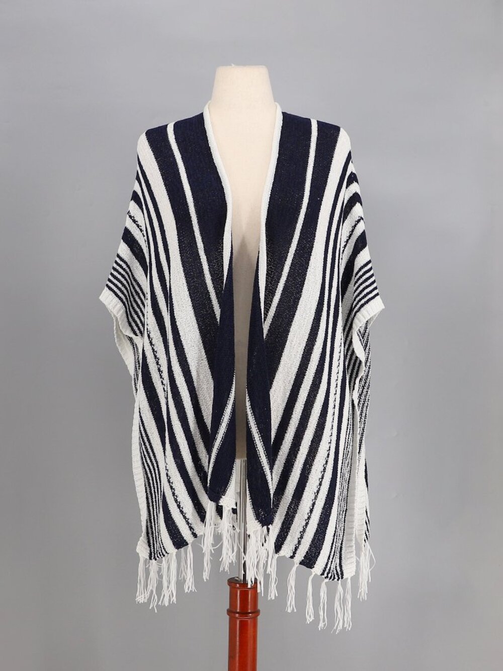 CHICO'S Knit Fringes Wrap in Navy White Stripe One Size